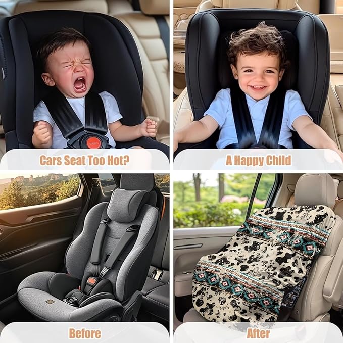 Car Seat Cover Baby Cow Print Car Seat Sun Shade Cover with Elastic Band, Boho Car Decor Universal Baby Travel Accessories