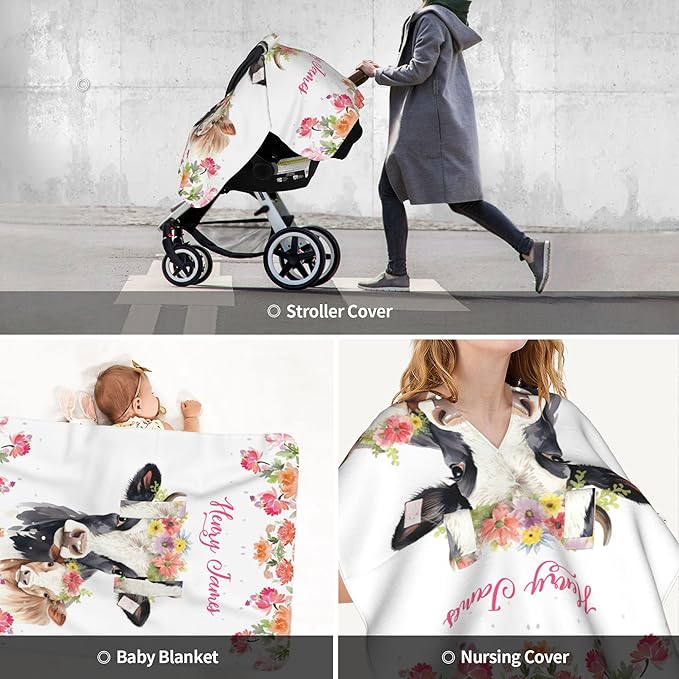 Personalized Baby Car Seat Canopy with Name Custom Minky Cow Car Seat Covers Nursing Cover for Breastfeeding Multi-Use Cover Infant Carrier Carseat Winter Cover for Newborn Girls Boys