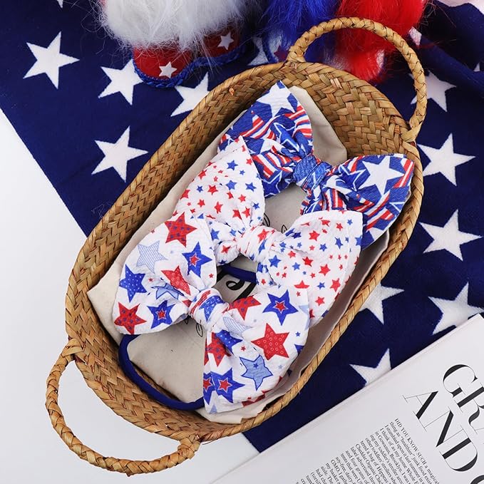 YanJie Fourth of July Patriotic Hair Accessories: Star Spangled Newborn Headbands, Nylon Bows for Infant Toddler Girls in Red, White & Blue