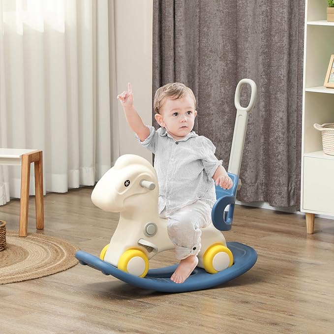 Qaba 4-in-1 Rocking Horse for Toddlers 1-3 Years, Baby Rocking Horse with Detachable Balance Board and Push Handle, Horse-Shaped Ride On Toy with 4 Smooth Wheels, for Baby Girls and Boys, Blue