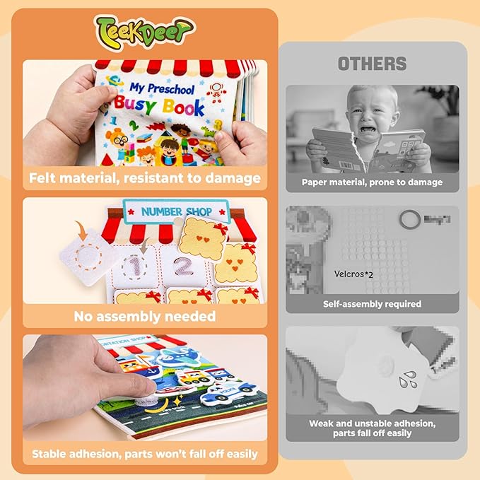 Activity Books for toddlers 1-3, Montessori Felt Busy Book for Toddlers, Educational Sensory Toys for Baby 1+, Preschool Learning Busy Board, Color Sorting Toys for Boys and Girls Birthday Gifts