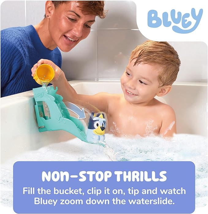 TOMY Toomies Bluey’s Water Slide - Includes Water Slide with Suction Cup, Clip On Bucket and Bluey Figure - Interactive Toddler Bath Toys - Ages 18 Months and Up