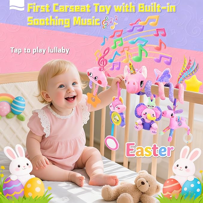 Musical Car Seat Toy for Babies 0-12 Months Girl, 5-in-1 Sensory Activity Hanging Toy Stroller Toy with Soothing Music, Rattle, Mirror for Newborn Infants Essential Gifts, Unicorn