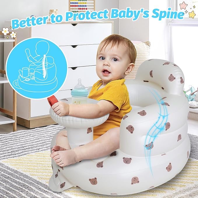 Zenflux Inflatable Baby Chairs with Tray for Babies 3 Months and Up, Sit Me Up Floor Seats for Sitting Up, Built in Air Pump Baby Seats for Kids, Blow Up Baby Chair with Back Support - Cute Bear