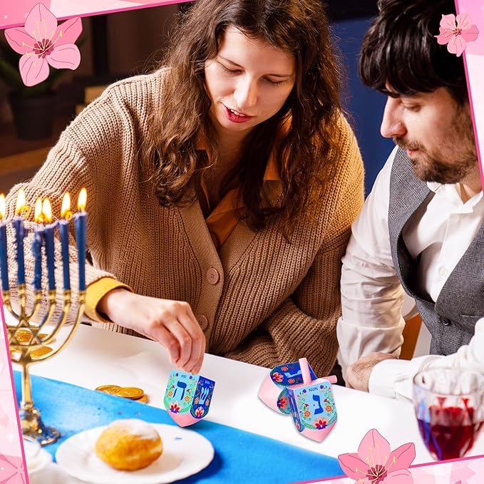 Wonderjune 2 Pcs Hanukkah Dreidels Extra Large Wooden Dreidel for Hanukkah Decoration with English Transliteration, Forever Spinning Tops Party Favors(Floral)