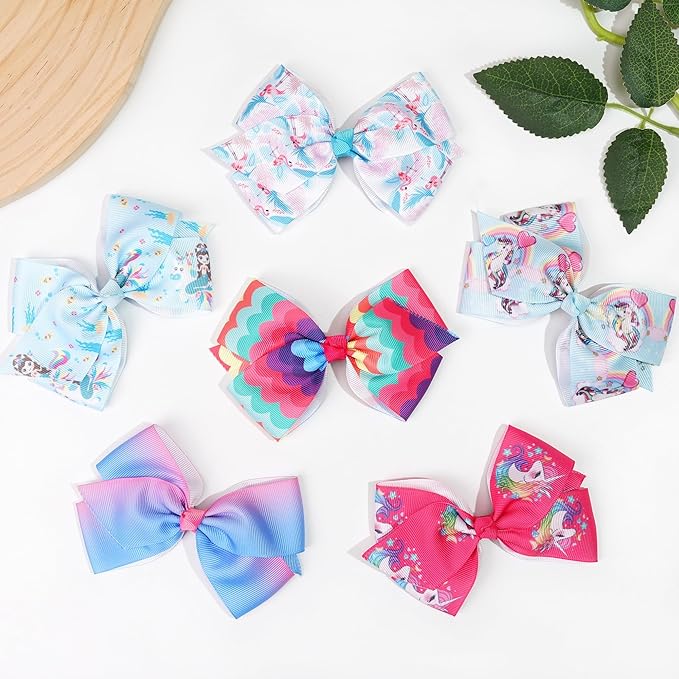 4.5Inch Bows for Girls Boutique Grosgrain Ribbon Rainbow Hair Bow Alligator Hair Clips Pigtail Bows Unicorn Hair Clips for Baby Girls Toddler Kids Children Teens 12PCS