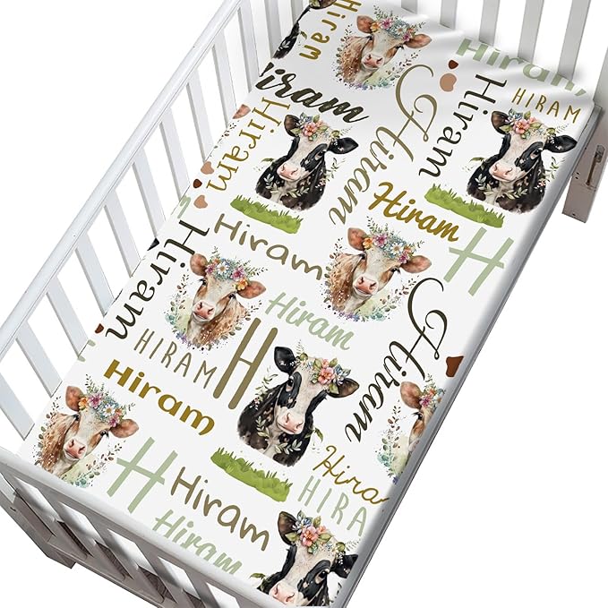 Personalized Cute Cow Pack N Play Sheets for Baby Girls Boys, Customized Mini Crib Sheets with Name, Stretchy Portable Playard Mattress Sheet Playpen Sheets, Gift for Newborn Infant