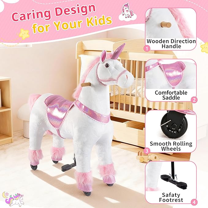 Pipleo Ride on Unicorn on Toys, Unicorn Ride on for Girls 6 to Adult, Ride on Unicorn Toys, Unicorn Rider Mechanical Walking Action Plush Animal, No Battery or Electricity, Max Load 187 LBS - Pink