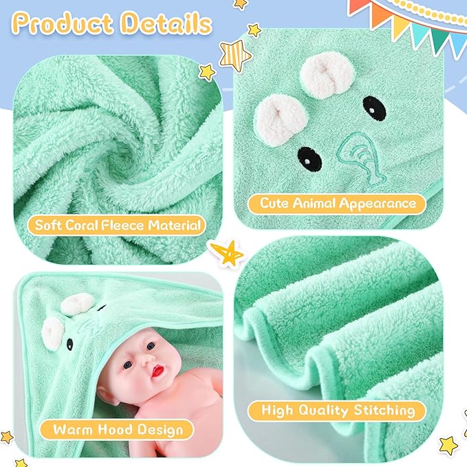 Preboun 4 Pcs Baby Bath Towel Coral Fleece Baby Hooded Towel Absorbent Soft Towels for Newborn Cartoon Animal Hooded Bath Blanket for Kids Toddler Infant Shower (Cute Style)
