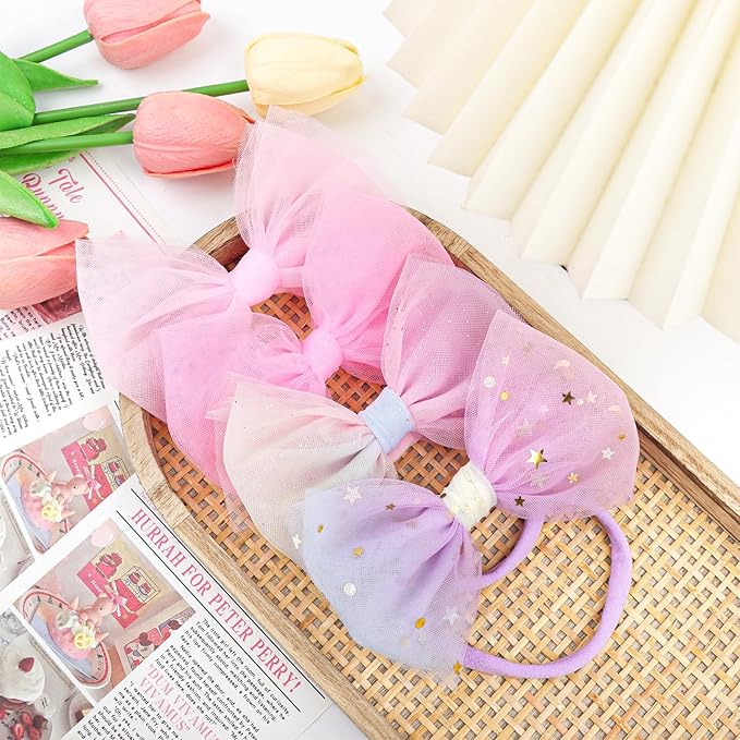 4 Pcs 4.5’’ Organza Lace Bow for Baby Girls Pink Headbands Mesh Glitter Hair Bows Baby Shower Gifts for Newborn Infant Toddler Girl