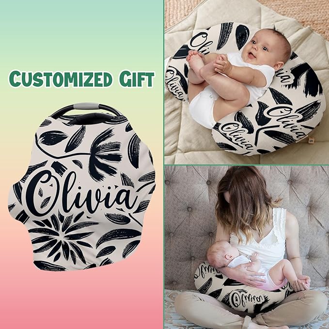 Custom Car Seat Covers for Babies - Breathable Baby Car Seat Cover for Girls Boys, Kick-Proof Newborn Carrier Canopy Stretchy Stroller Cover for 4 Seasons Black Printing