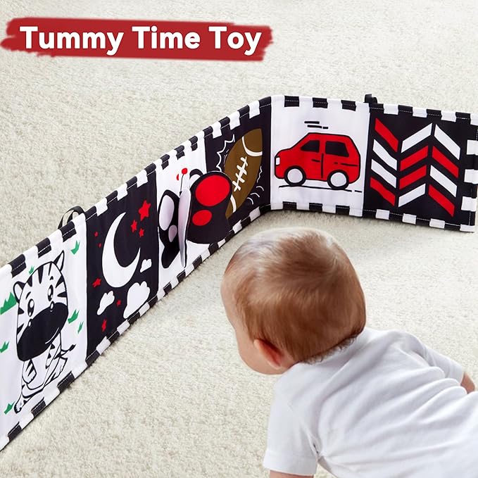 Yeeeasy Tummy Time Baby Toys for Newborn 0-6 Months, Double-Sided High Contrast Black and White Baby Book with Mirror, Montessori Sensory Crinkle Soft Toys for Infant Brain Development 0-12 Months