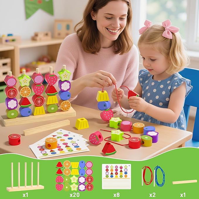 Melofaver Montessori Toys for 3 4 5 Year Old, Wooden Fruit Toddler Stacking Toys, Stacking Blocks & Lacing Beads & Shape Sorter Toy for Toddler, STEM Preschool Learning Toys for Kids Boys Girls