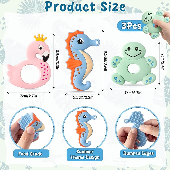 Silicone Teething Toy for Babies - 2ooya 3Pcs Summer Ocean Animal Themed Soft Teether, Infant BPA Free Sore Gums Pain Teething Relief Chew Toy Gift for Toddler Newborn 6-12 Months Baby Shower Birthday