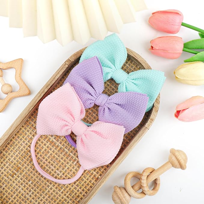 3PCS 4.5’’ Hair Bows for Baby Girls Newborn Infant Toddler Headbands Light Blue & Purple & Pink Bow of Hair Accessories Soft Girl Head Wraps