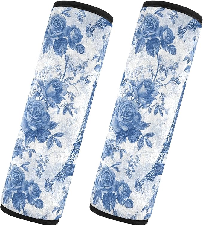 2 Pack Seatbelt Covers Seat Belt Cover Pad for Adults Boys Girls Car Seat Strap Covers Pads Cushion Universal Shoulder Strap Pad Protector for Backpack Camera Bag 10x7.7Inch Blue Roses and Eiffel Towe