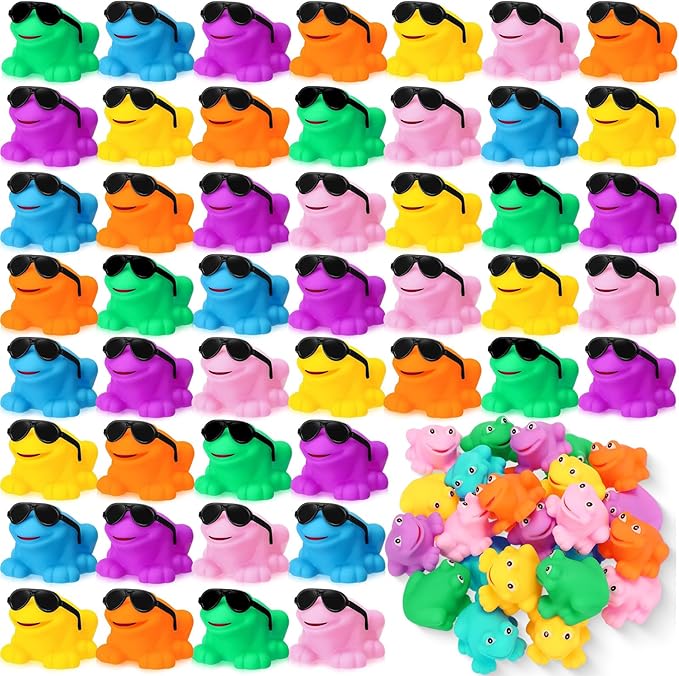 Halloscume 36 Pack Rubber Frogs Bulk Small Squeaky Frog Toy Mini Floating Frogs with Sunglasses for Spring Birthday Party Valentine's Gift Classroom Exchange Gift Prize, Colorful