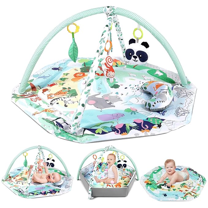 dearlomum 4-in-1 Interactive Activity Mat,Baby Play Mat with 6 Learning Toys, Motor Skill Development,Ball Pit with 18 Ocean Balls