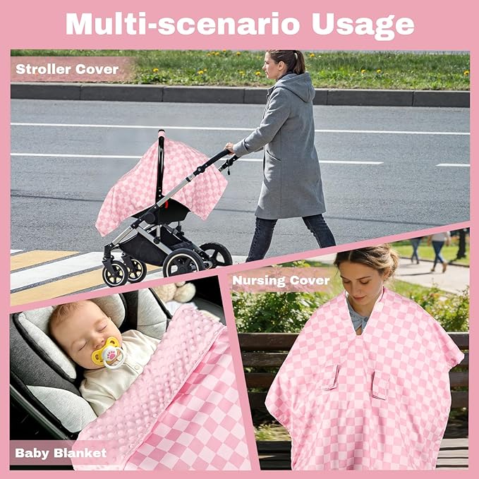 Baby Car Seat Cover, Minky Carseat Cover Baby Girl, Peekaboo Opening Infant Car Seat Cover, Warm Baby Car Seat Canopy for Winter, Pink Checkered
