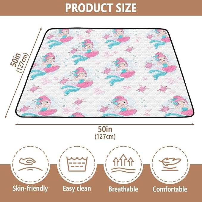 Baby Play Mat Beautiful Mermaid and Turtle 50 x 50 Playpen Mat Baby Play Mats for Floor Play Gym Crawling Mat Non-Slip Cushioned Baby Playmat for Infants, Babies, Toddlers