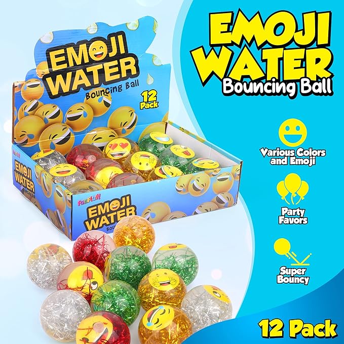 Emoji Water Filled Bouncy Balls - Rubber Balls for Kids Glitter Filled - 12 Pack Large High Bouncing Ball, Bounce Balls, Party Favors Balls
