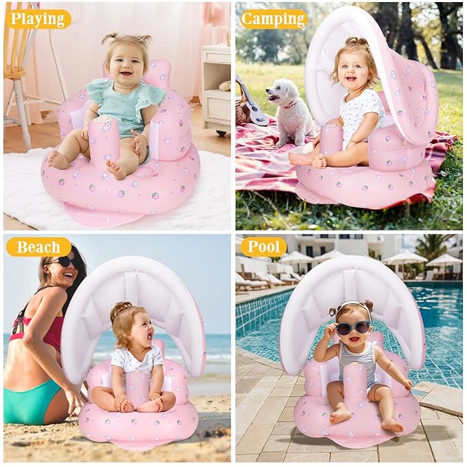 AirSwim Inflatable Baby Seat with Detachable Canopy and Built-in Pump, Inflatable Baby Chair for Babies 3 Months and Up, Sit Me Up Chair for Outdoor Indoor, Bumbo Seat for Infants, Strawberry