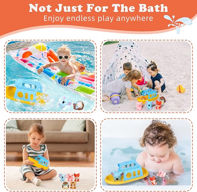Oriate Bath Toys for Kid, 1 Boat and 5 Silicone Animal Finger Puppets, Sensory Learning Toy Set in The Bathtub, Pool, Beach, Easter Basket Stuffers Gifts for Kids Boys Girls 3 4 5 6 Year Old