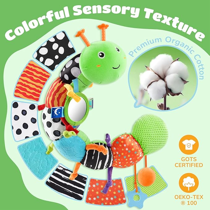 AWOTOY Baby Toys 6-12 Months Music Caterpillar Infant Toys Stuffed Animals 0-3-6 Months Tummy Time Teething Sensory Toys with Mirror Rattle&Pull String for Boys Girls Birthday Gifts|Green,Knot Limb