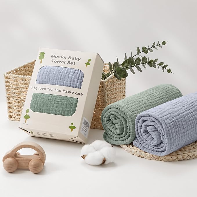 Susurration Hooded Baby Towels for Newborn 2 Pack 100% Muslin Cotton Towel for Babies，Highly Absorbent and Newborn Essential 30x30 Inch Gray&Green