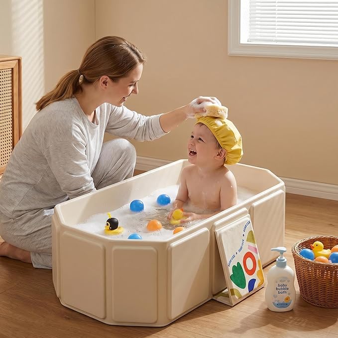 Baby Foldable Kids Bathtub for Infants to Toddler with Non-Slip Base,Easy Storage,Perfect for Small Spaces (White)