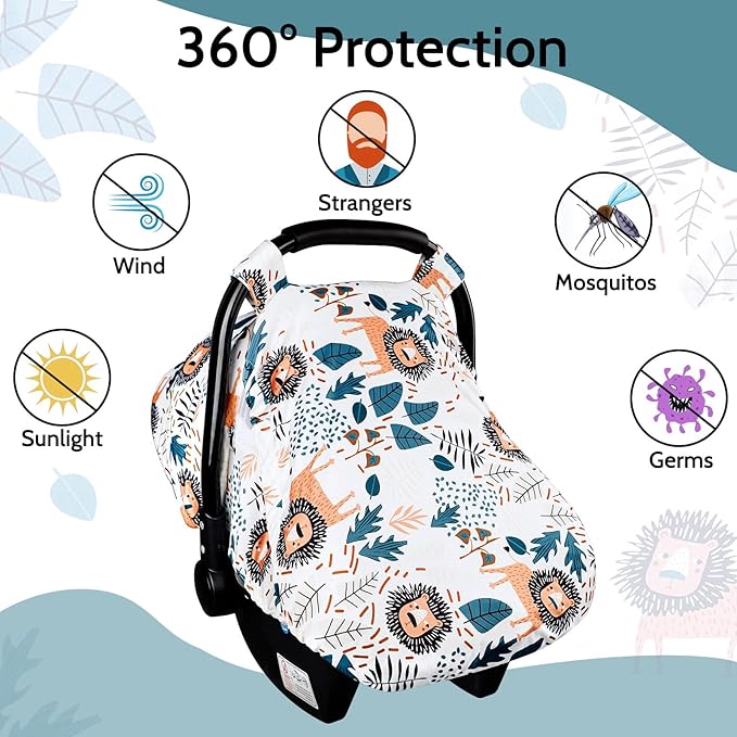 SWESEN Car Seat Covers for Babies, Lion Baby Car Seat Cover with Zipper Mesh, Carseat Cover Boy, Stretchy Infant Carseat Canopy, Animal