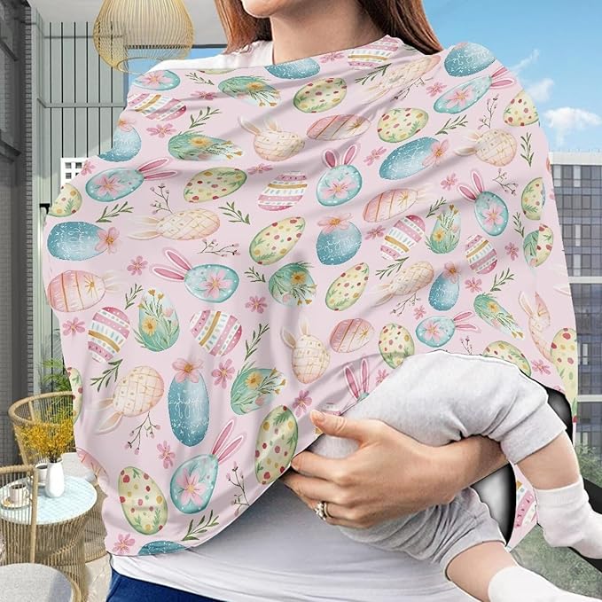 Wanyint Baby Car Seat Covers Carseat Canopy for Boys Girls, Multi-use Nursing Breastfeeding Covers Nursing Scarf for Breastfeeding Mothers, Easter Eggs Easter Rabbit Ears Flower Pink