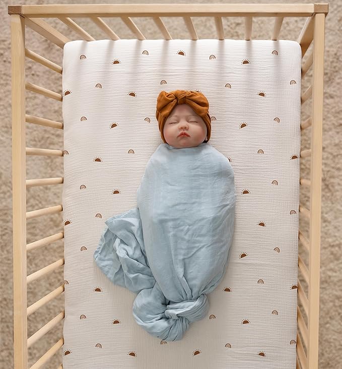 Meracorallo Muslin Mini Crib Sheet, Pack n Play Fitted Sheet, Soft and Breathable Pack and Play Playard Mattress Sheet for Baby Boys and Girls, Sun Rainbow