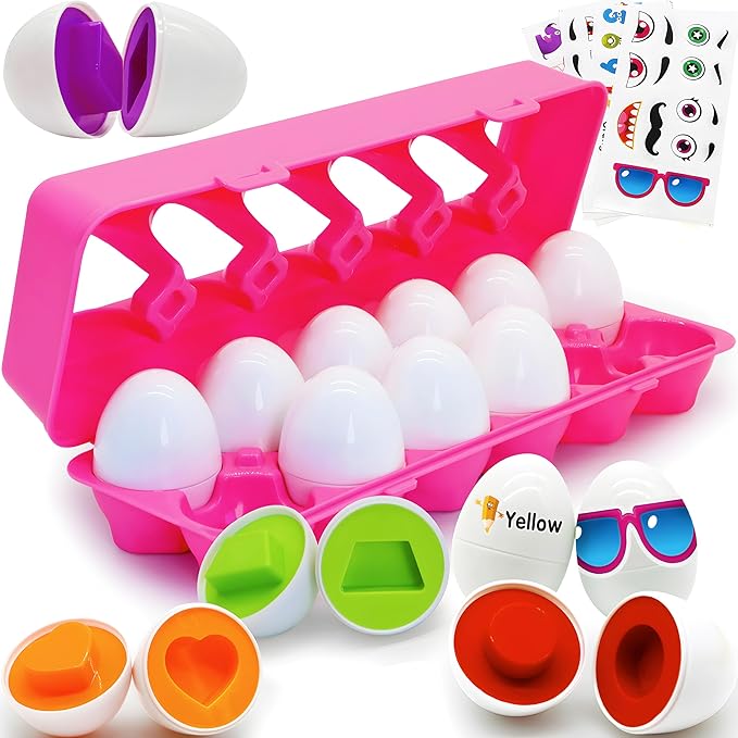 MOONTOY Montessori Matching Egg, 12PCS Color & Shape Recognition Toy for Toddler 1-3, Educational Learning Eggs Toy with Pink Storage Case, Easter Eggs Basket Stuffers Gift for 1 2 3 Year Old Girl Kid