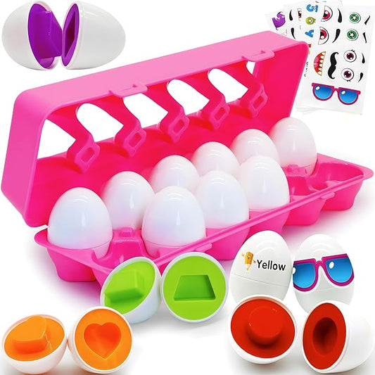 MOONTOY Montessori Matching Egg, 12PCS Color & Shape Recognition Toy for Toddler 1-3, Educational Learning Eggs Toy with Pink Storage Case, Easter Eggs Basket Stuffers Gift for 1 2 3 Year Old Girl Kid
