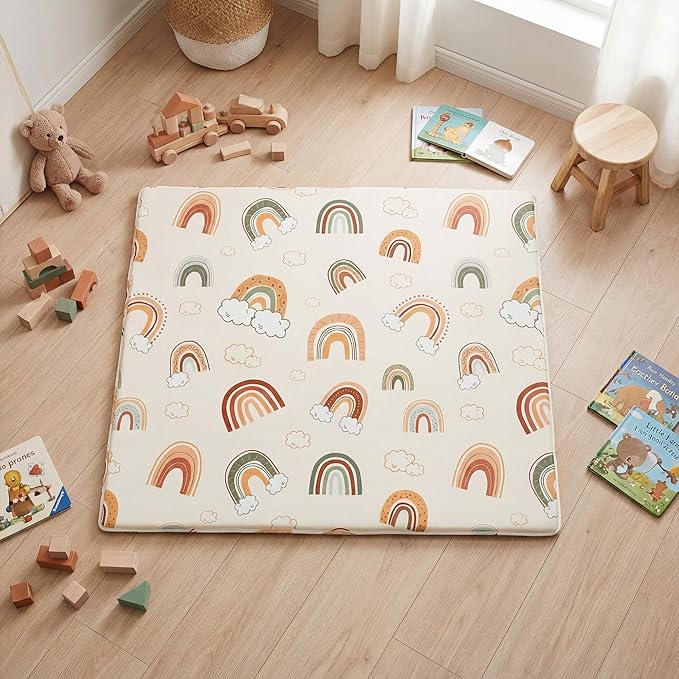 1.5" Thick Premium Baby Floor Play Mat, 50x50 Padded Memory Foam Mat, Tummy Time Crawling Playmat for Nursery Playroom Classroom, Rainbow