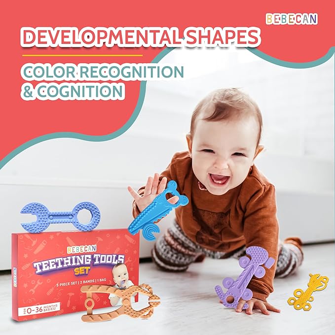 BEBECAN Teething Tools Teether for Baby - 5 Premium Food-Grade Silicone Baby Boy Teething Toys, 2 Straps for Safety and Travel Bag Tool Toys Provide Soothing Relief and Healthy Development.