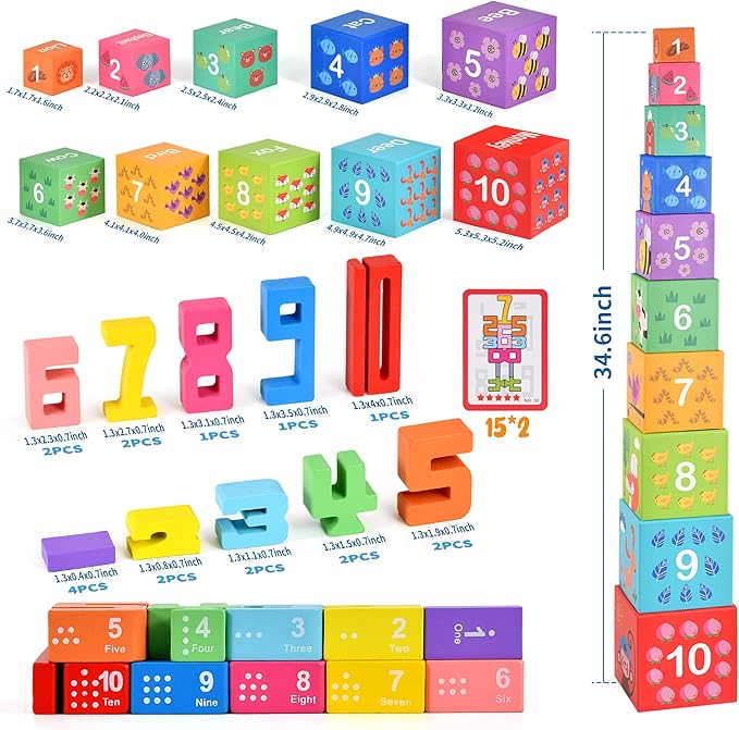 Wooden Number Building Blocks & Stacking Toys for Toddlers 3+ Years Old, Digital Building Blocks, 1-10 Digital Blocks Toys, Balance Competition Toy, Educational Gift for Kids Boys and Girls
