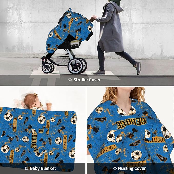 Personalized Baby Car Seat Canopy for Babies with Name, Custom Soccer Stroller Car Seat Covers for Boys, Nursing Carseat Cover for Breastfeeding, Car Seat Canopies for Infant Newborn