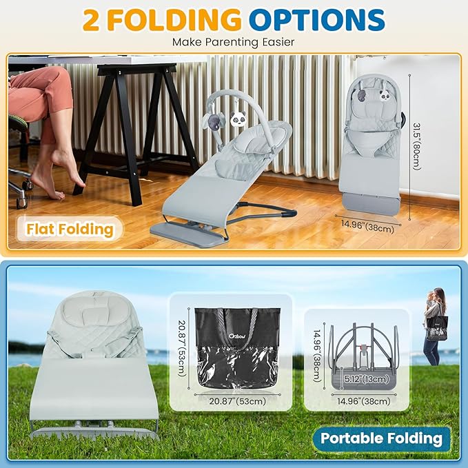 Orzbow Portable Baby Bouncer, Foldable Baby Bouncer Seat with Storage Bag and Removable Play Bar, 3 Recline Positions, 0-12 Months Up to 20lbs, Ergonomic Design, Easy to Wash, Grey