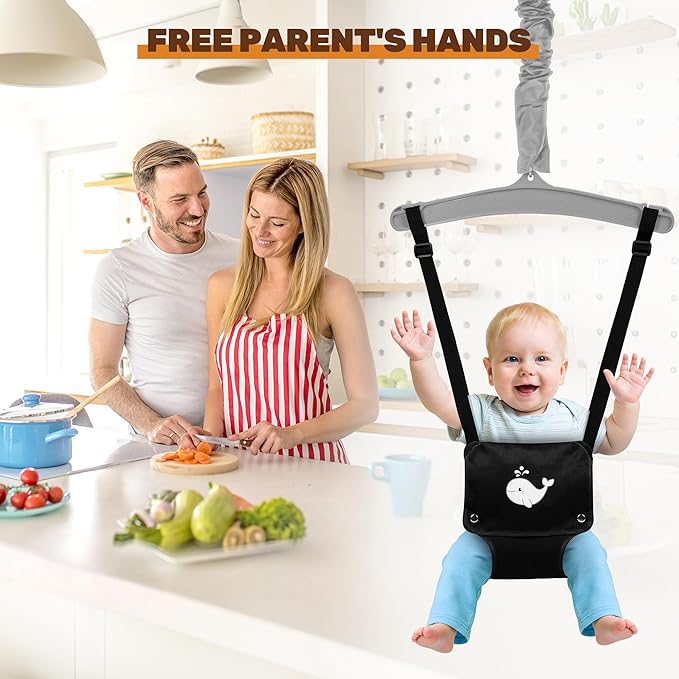 Baby Jumper with Stand, Foldable Activity Jumper for Infants, Height Adjustable Baby Bouncer No Doorway Needed Toddler Jumper, Portable Indoor Outdoor Baby Activity Center for 6-12 Months (Black)