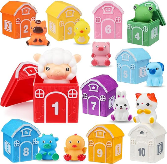 Montessori Toys for Toddlers, 20Pcs Farm Animal Toy Counting, Matching, Sorting Preschool Learning Toy Barn Toy including 10 Barns,10 Finger Puppets and 2 Stickers Birthday Gift Baby Boys Girls