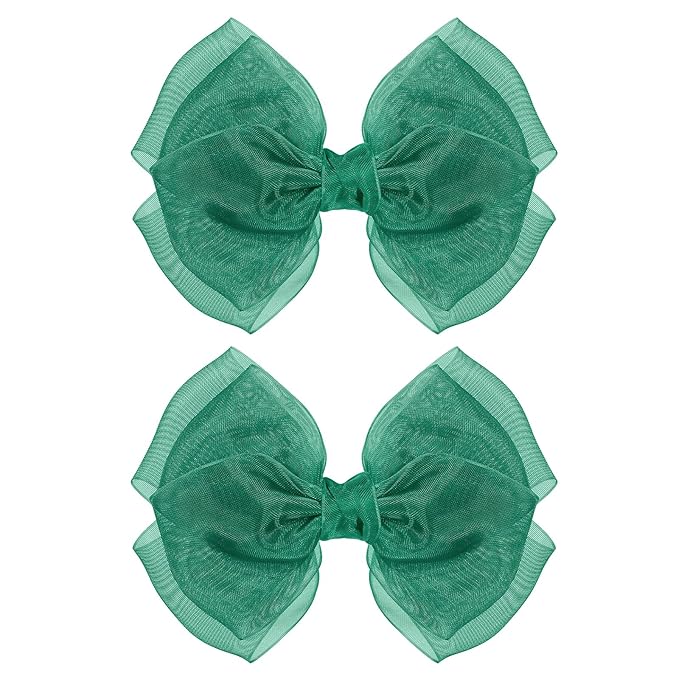 Hunter Green Mesh Ribbon Hair Bow Clips 4-Inch Organza Double Bow Alligator Hair Pins Barrettes Spring Summer Christmas Holiday Dress Decor Accessory for Teens Toddler Girls Child