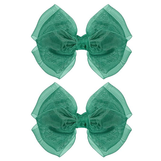 Hunter Green Mesh Ribbon Hair Bow Clips 4-Inch Organza Double Bow Alligator Hair Pins Barrettes Spring Summer Christmas Holiday Dress Decor Accessory for Teens Toddler Girls Child