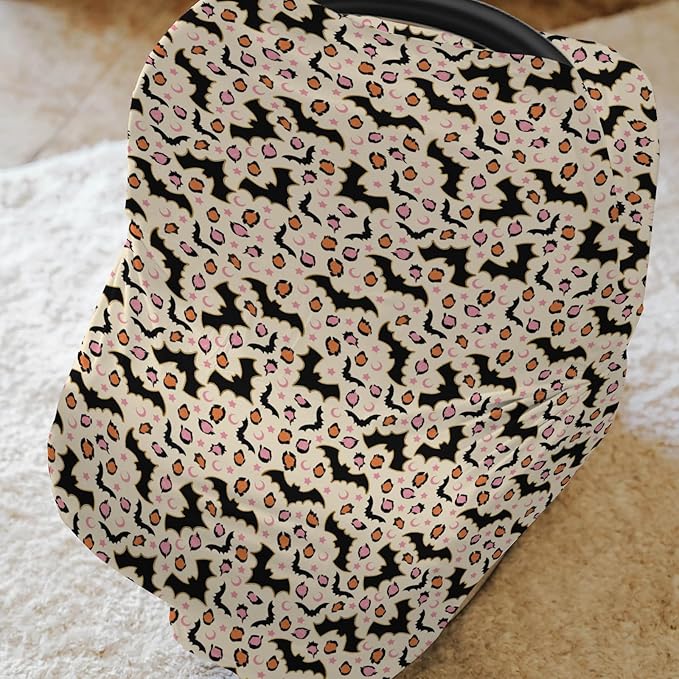 Halloween Bats Leopard Baby Car Seat Covers Pink Orange Spooky Bats Moon Stars Stretchy 5-in-1 Cover Adjustable Infant Carseat Canopy Cover Halloween Night Breathable Nursing Cover-Up