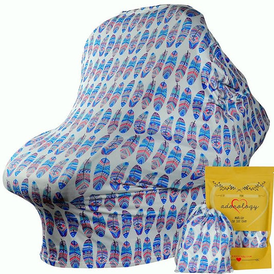 Baby Car Seat & Nursing Cover & Drawstring Carry Bag in Cute Feather Design Shower Gift Breathable Stretchy Universal 4 in 1 Multi-Use Infant Carseat Canopy Covers Shopping Cart High Chair Stroller