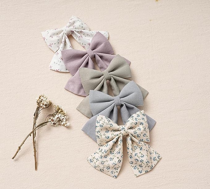 Hair Bows with Hair Clips for Girls Toddler Baby,Handmade 5" Flower Print Embroider Big Bows,FANCY CLOUDS Boutique Hair Accessorioes Gifts for School Kids