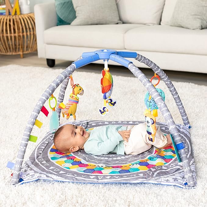 Infantino 4-in-1 Twist & Fold Musical Mobile Gym - Includes Linkable Toys, Repositionable Mirror, Feather Teether, On-The-Go Activities, Boho Styled Play Mat for Infants and Toddlers 0M+