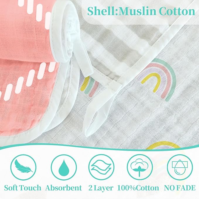 VOOVA & MOVAS 6 Pack 100% Muslin Cotton Baby Washcloths with Handing Loop | 13x13 Inches | Highly Absorbent | Ultra-Soft Newborn Burp Cloths | Perfect Set |Pink Geometry & Rainbow Patten