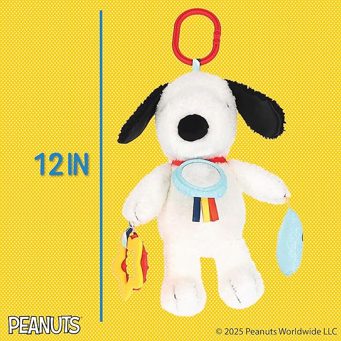 Kids Preferred Peanuts Snoopy Activity Toy - Jingle, Mirror, Teethers, Crinkle, Ribbons, Crinkle, Satin Accents, Soft Plush, On-The-Go Clip, 12 in
